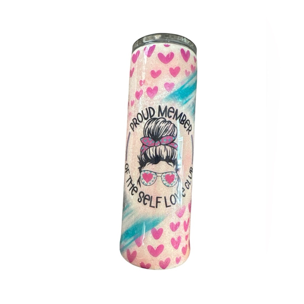 Self Love Club Tumbler with Pink Glitter Shimmer Hearts & Messy Mom Bun Graphics